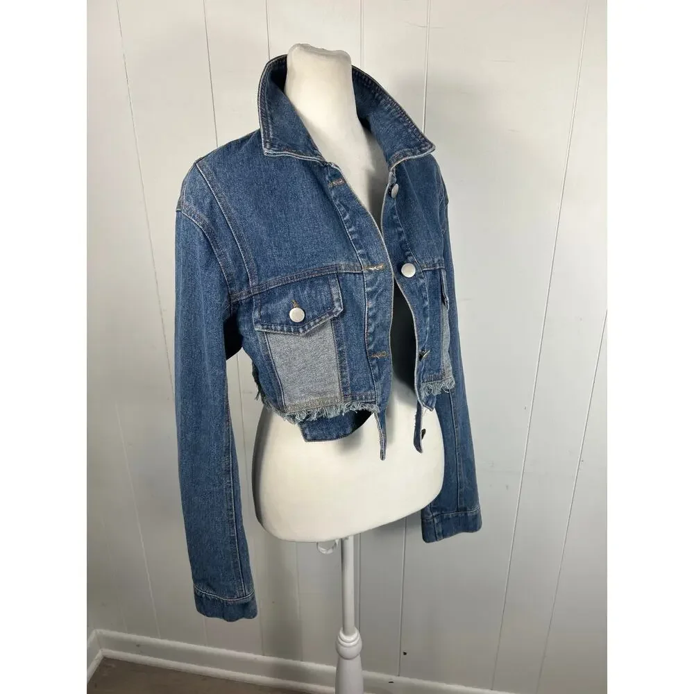 AKIRA Cropped Denim Jacket Raw Hem Distressed Patchwork Blue Jean Jacket SIZE M